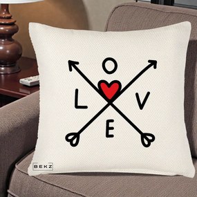 Perna Decorativa Love cu Sageti Incrucisate si Inima Rosie, 40x40 cm, Crem Reliefat, Husa Detasabila, Perna Inclusa, BEKZ®