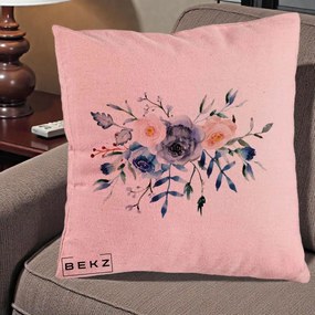 Perna Decorativa Buchet Flori Albastre Acuarela, 40x40 cm, Roz, Husa Detasabila, Perna Inclusa, BEKZ®