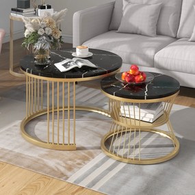 Set de 2 Măsuțe de Cafea Moderne, cu Blat cu Efect de Marmură și Cadru Metalic Auriu, Dimensiuni 70x70x47 cm și 45x45x40 cm, Negru