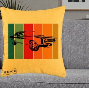 Perna Personalizata Masina Retro Muscle Car Grafic, 40x40 cm, Galben, Husa Detasabila, Perna Inclusa, BEKZ®