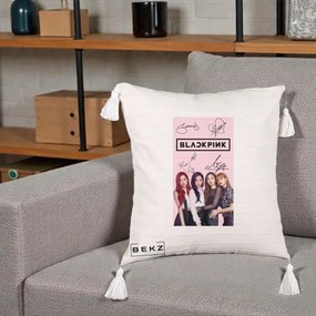 Perna Personalizata K-pop BLACKPINK Semnaturi si Foto, 40x40 cm, Bej cu Franjuri, Husa Detasabila, Perna Inclusa, BEKZ®