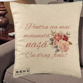 Cadou pentru Nasa - Perna Personalizata Pentru Cea mai Minunata Nasa Cu drag Finii, 40x40 cm, Bej, Husa Detasabila, Perna Inclusa, BEKZ®