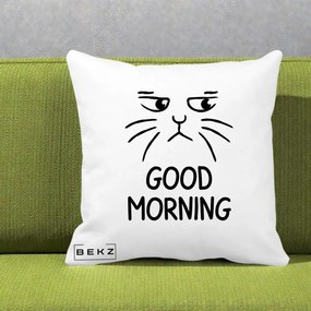 Perna Decorativa Pisica Morocanoasa Good Morning, 40x40 cm, Alba Mata, Husa Detasabila, Perna Inclusa, BEKZ®