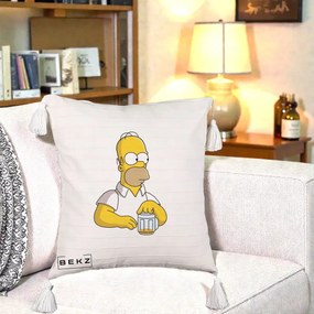 Perna Personalizata Homer Simpson cu Bere, 40x40 cm, Bej cu Franjuri, Husa Detasabila, Perna Inclusa, BEKZ®