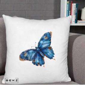 Perna Decorativa Fluture Albastru Satin cu Pete Aurii, 40x40 cm, Alb Pufos, Husa Detasabila, Perna Inclusa, BEKZ®
