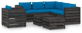 Set mobilier de gradina cu perne, 8 piese, gri, lemn tratat Albastru deschis si gri, 8