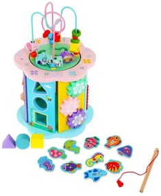 Cub educativ de tip Montessori din lemn masiv NOVOKIDS™ Supreme EduCube, 8 in 1, Cu forme geometrice, Labirint, Numaratoare si masinute, Motricitate