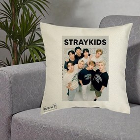 Perna Personalizata K-pop Stray Kids STRAYKIDS Alb-Negru cu Foto Grup, 40x40 cm, Ecru, Husa Detasabila, Perna Inclusa, BEKZ®