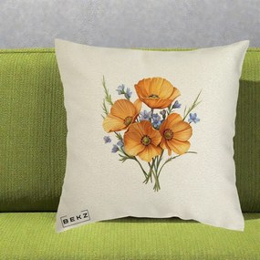 Perna Decorativa Maci Portocalii cu Floricele Albastre, 40x40 cm, Ecru, Husa Detasabila, Perna Inclusa, BEKZ®
