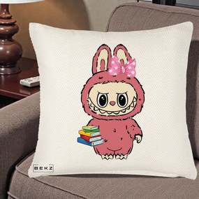 Perna Personalizata Labubu Roz cu Funda si Carti, 40x40 cm, Crem Reliefat, Husa Detasabila, Perna Inclusa, BEKZ®