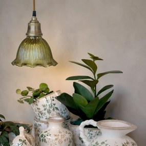 Lustră suspendată vintage din sticlă verde cu suport din alamă antichizată, 17×18 cm, „Olive"
