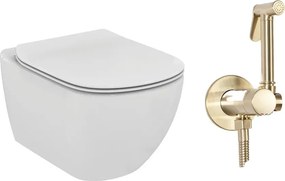 Pachet vas wc suspendat Ideal Standard Tesi, capac softclose si set dus igiena intima auriu cu baterie incastrata Rea Loop