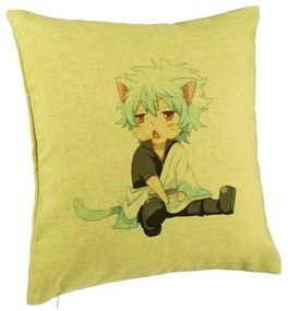 Perna Decorativa cu Gintama Gin Cat, 40x40 cm, Verde, Husa Detasabila, Burduf