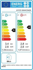 Aparat de aer conditionat portabil Ayco MAHC3428, 12000 BTU, Clasa A, Pana la 24 m², 450 m³, 64 dB, Comanda tactila, Alb