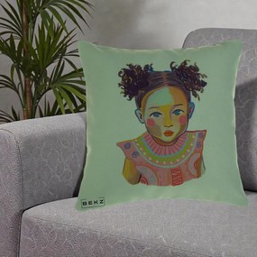Perna Decorativa Fetita Vesela Portret Colorat, 40x40 cm, Verde, Husa Detasabila, Perna Inclusa, BEKZ®