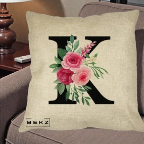 Cadou Personalizat - Perna Personalizata Monograma Florala Litera K, 40x40 cm, Crem, Husa Detasabila, Perna Inclusa, BEKZ®