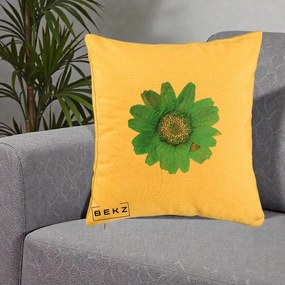 Perna Decorativa Floare Gerbera Teal Acuarela, 40x40 cm, Galben, Husa Detasabila, Perna Inclusa, BEKZ®