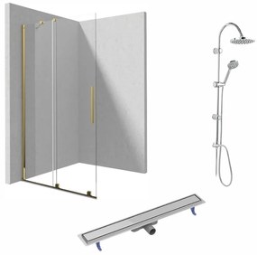 Set paravan dus walk-in cu usa glisanta, 90x195 cm, auriu lucios, Deante Prizma, rigola cu capac faiantabil reversibil din otel si coloana de dus crom