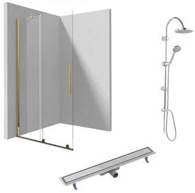 Set paravan dus walk-in cu usa glisanta, 90x195 cm, auriu lucios, Deante Prizma, rigola cu capac faiantabil reversibil din otel si coloana de dus crom