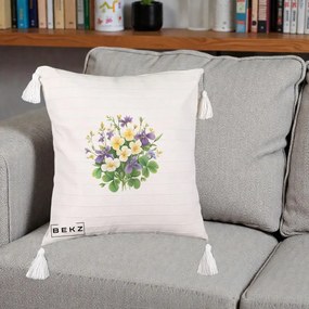 Perna Decorativa Viorele Iris Violet si Trifoi, 40x40 cm, Bej cu Franjuri, Husa Detasabila, Perna Inclusa, BEKZ®
