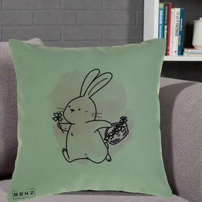 Perna Decorativa Iepuras Kawaii cu Cosulet Floral, 40x40 cm, Verde, Husa Detasabila, Perna Inclusa, BEKZ®