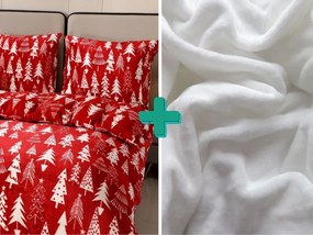 Lenjerie de pat din microplus BRAZI DE CRACIUN rosie + cearceaf din microplus SOFT 90x200 cm alb
