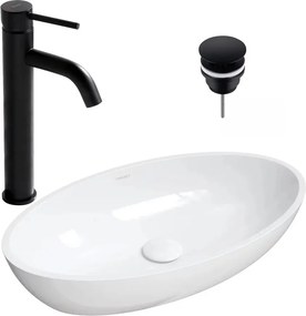 Pachet lavoar pe blat Omnires Siena M+ alb 60 cm, baterie lavoar Rea Lungo negru si ventil lavoar Click-Clack D negru
