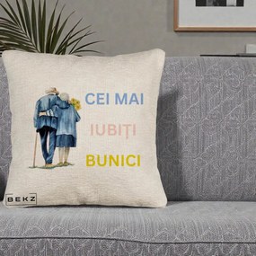 Cadou pentru Bunici - Perna Personalizata Cei Mai Iubiti Bunici Acuarela Spate, 40x40 cm, Bej Canapea, Husa Detasabila, Perna Inclusa, BEKZ®
