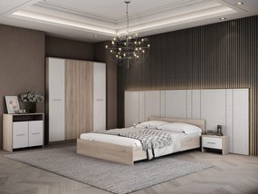 Dormitor Luiza 4U5P, culoare sonoma / alb, cu pat standard 140 x 200 cm, dulap cu 4 usi, comoda si 2 noptiere