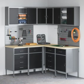 vidaXL Set dulap unelte &amp; panou cârlige, 12 piese, negru, MDF &amp; metal