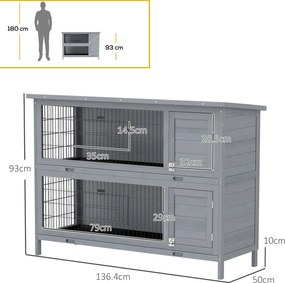 PawHut Cușcă pentru iepuri din lemn cu 2 etaje, acoperiș asfaltat, tavă de podea, uși pentru animale mici, 136,4 x 50 x 93 cm, Gri | Aosom Romania