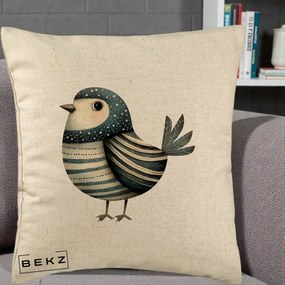 Perna Decorativa Pasare Teal Decorativa Dungata, 40x40 cm, Bej, Husa Detasabila, Perna Inclusa, BEKZ®