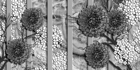 Tablou flori abstracte pe fundal din marmură alb-negru