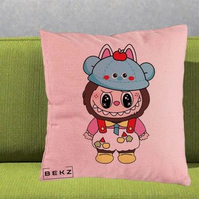 Perna Personalizata Labubu x Urs Albastru Colorat, 40x40 cm, Roz, Husa Detasabila, Perna Inclusa, BEKZ®