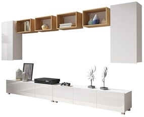 Camera de zi Providence B153Alb, Stejar auriu, Alb lucios, Cu comodă tv, Cu componente suplimentare, Părți separate, PAL laminat, 300x43cm, 108 kg