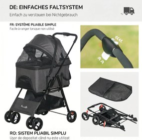 PawHut Cărucior 3 în 1 pentru Câini, Cărucior pentru Animale de Companie cu Lesă, Pernă, Coș și Baldachin, 76x51x100 cm, Gri | Aosom Romania