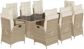 vidaXL Set de masă pentru grădină, 9 piese, cu perne, bej, poliratan