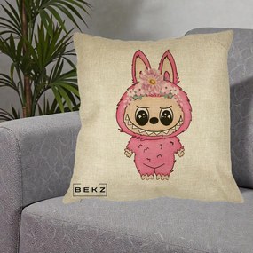 Perna Personalizata Labubu Roz cu Coroana Florala, 40x40 cm, Crem, Husa Detasabila, Perna Inclusa, BEKZ®