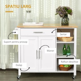 HOMCOM Carucioare de bucatarie cu 4 roți, 3 rafturi, pentru sufragerie, din MDF, Lemn și Cauciuc, 107.5x48x89 cm, Alb | Aosom Romania