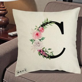Cadou Personalizat - Perna Personalizata Monograma Florala Litera C, 40x40 cm, Ecru, Husa Detasabila, Perna Inclusa, BEKZ®