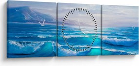 Tablou - Pictură în ulei de mare cu pescăruși (cu ceas) (90x30 cm)
