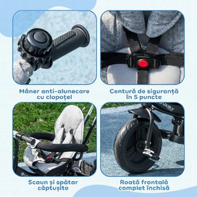 HOMCOM Tricicletă pentru Copii cu Mâner 6 În 1, Cărucior pentru Copii cu Baldachin Reglabil, Centura de Siguranță și Coș, Vârsta 1-5 ani, 95x50x106 cm, Gri