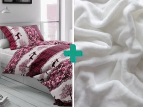2x lenjerie de pat din microplus CHRISTMAS RENEER visiniu + cearceaf microplus SOFT 180x200 cm alb
