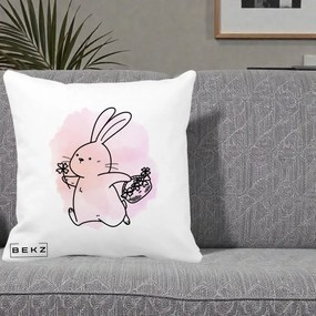 Perna Decorativa Iepuras Kawaii cu Cosulet Floral, 40x40 cm, Alba Mata, Husa Detasabila, Perna Inclusa, BEKZ®