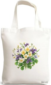 Sacosa de Panza pentru Cumparaturi, Geanta Tote, model Flowers 19 38 x 34.5 cm, Alba, BEKZ®