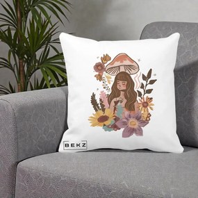 Perna Decorativa Fata Ciuperca Boho Florala, 40x40 cm, Alba Mata, Husa Detasabila, Perna Inclusa, BEKZ®