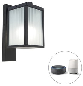 Lampa de perete exterioară inteligentă neagră cu sticlă nervurată, inclusiv Wifi A60 - Charlois