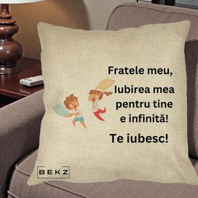 Cadou pentru Frate - Perna Personalizata Fratele Meu Te Iubesc Copii Batalie Perne, 40x40 cm, Crem, Husa Detasabila, Perna Inclusa, BEKZ®