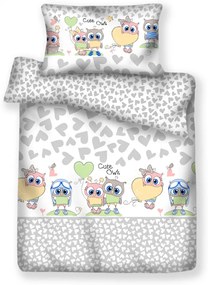 Set lenjerie din bumbac cu protectie laterala pentru pat bebelusi 120x60cm Bufnita Gri