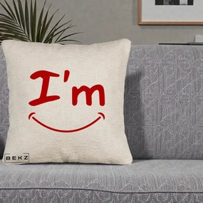Perna Decorativa I'm Happy Smile, 40x40 cm, Bej Canapea, Husa Detasabila, Perna Inclusa, BEKZ®